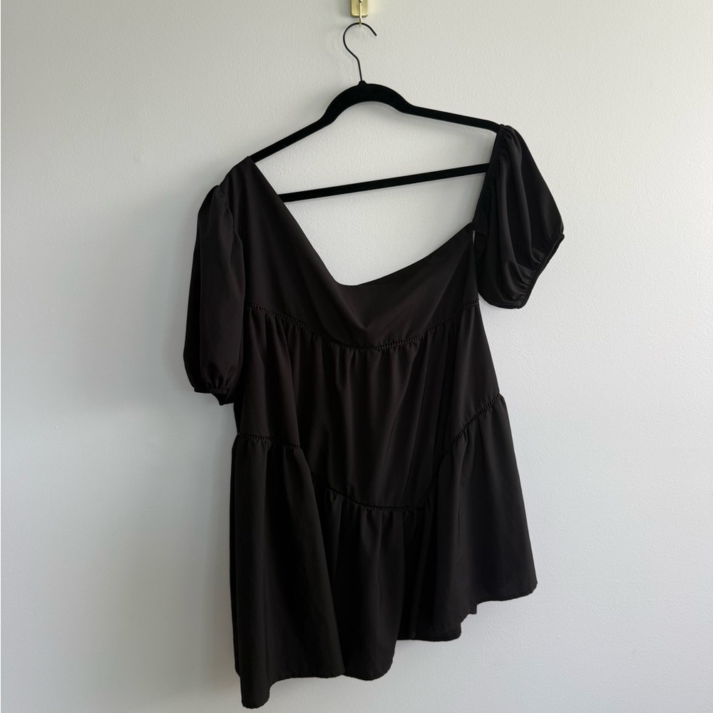 Amazon Black Short Puff Sleeve Tiered Mini Dress